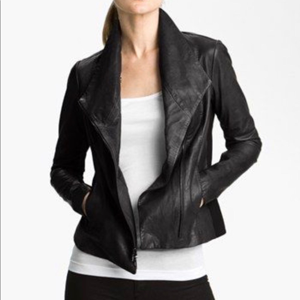 Vince‎ Black Lamb Leather Scuba Jacket Asymmetrical Zip Drape Neck Small NWOT